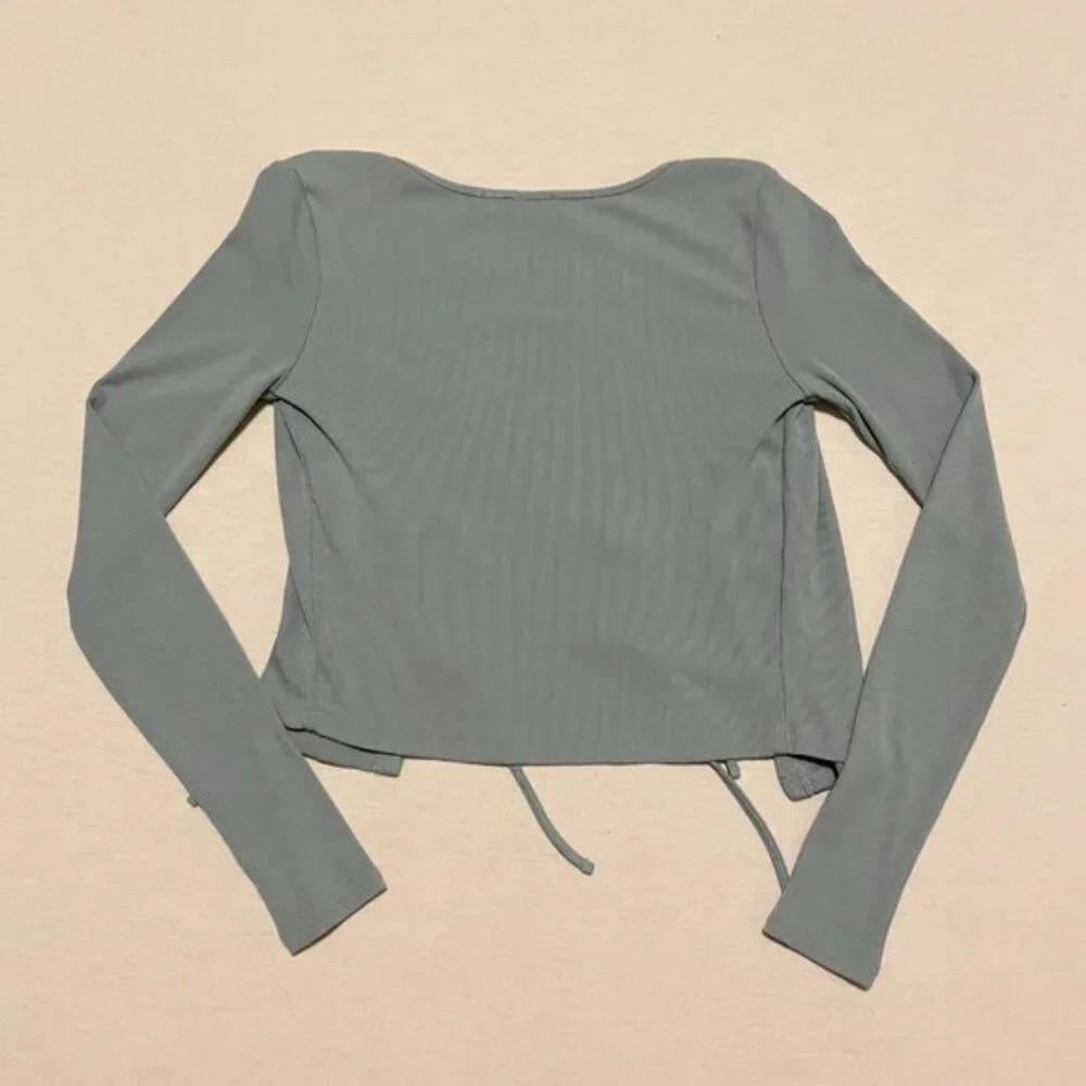 Aritzia Wilfred Tie Front Long Sleeve Ribbed Stretchy Crop Top  XXS - Picture 16 of 16